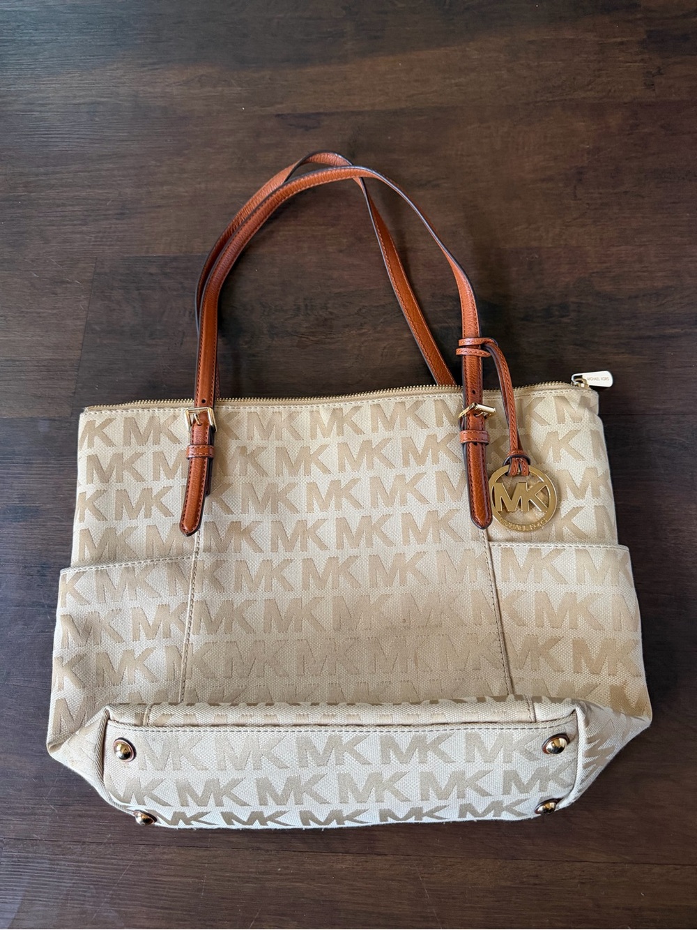 Michael Kors Beige Monogram Tote with Brown Leather Handles
